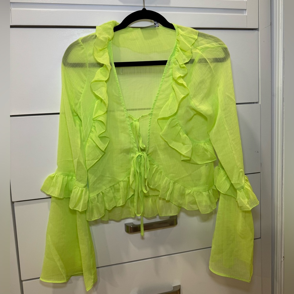 Tie front frill neck sheer blouse